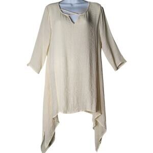 Umgee USA Cream Gauze Crinkle Tunic Dress Handkerchief Hem Women’s M Peasant